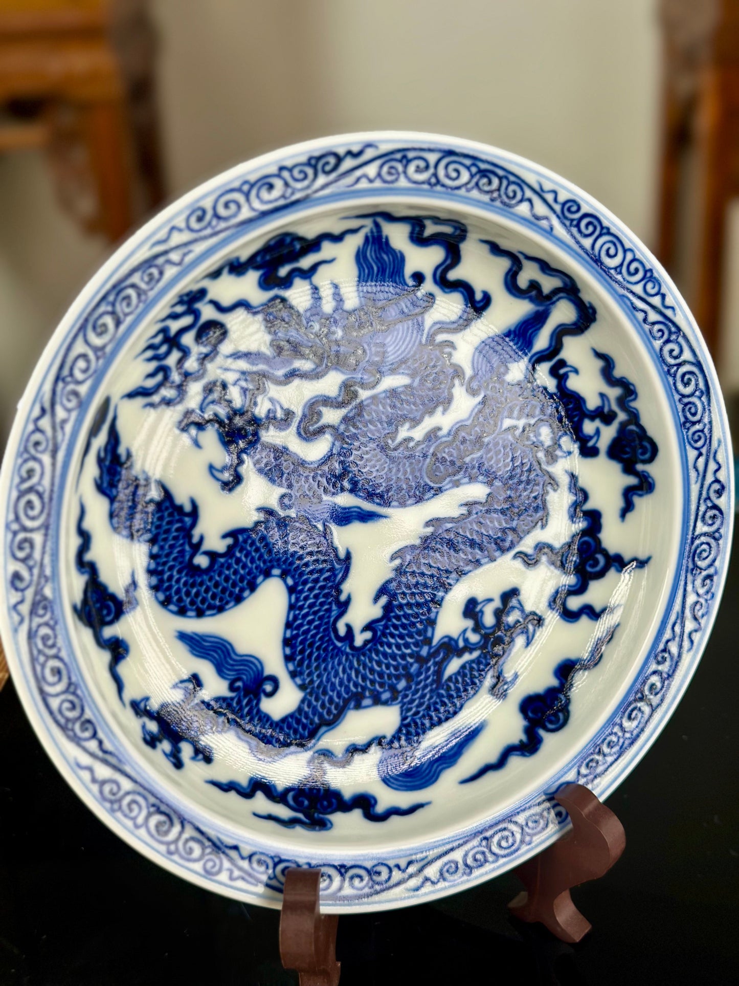 Chinese High-end Blue White Porcelain Handpainted Classic Xuande Dragon Pattern Tea tray Home Ornament Artwork Tray