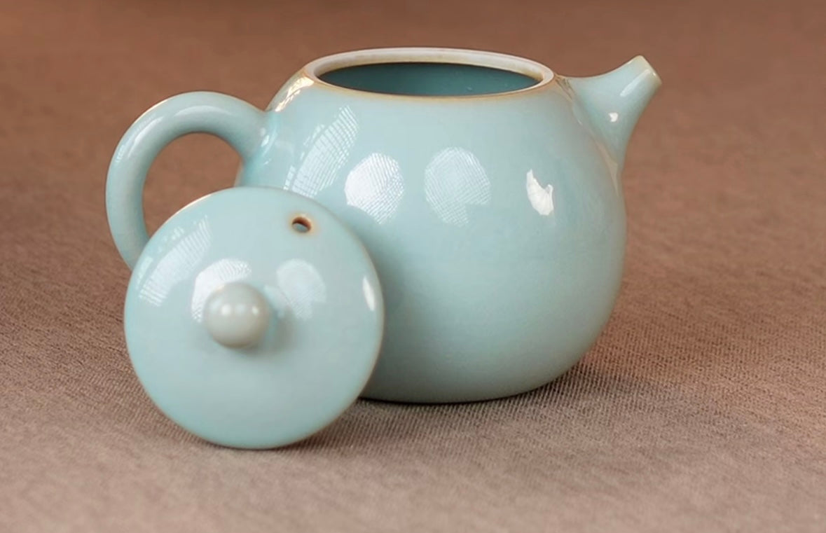 Handcrafted Chinese High-class Ru Porcelain Ruyao Longdan Dragon Egg Shape Ru Ware Classic Teapot