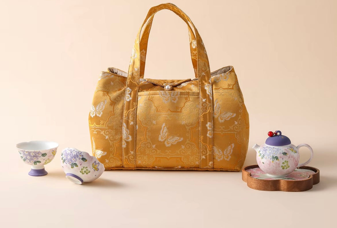 High-class Chinese Traditional Song Brocade Golden Butterfly Pattern Tea Bag Travel Cloth Bag Big Capacity Portable Storage Bag