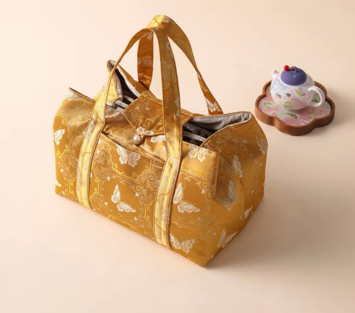 High-class Chinese Traditional Song Brocade Golden Butterfly Pattern Tea Bag Travel Cloth Bag Big Capacity Portable Storage Bag