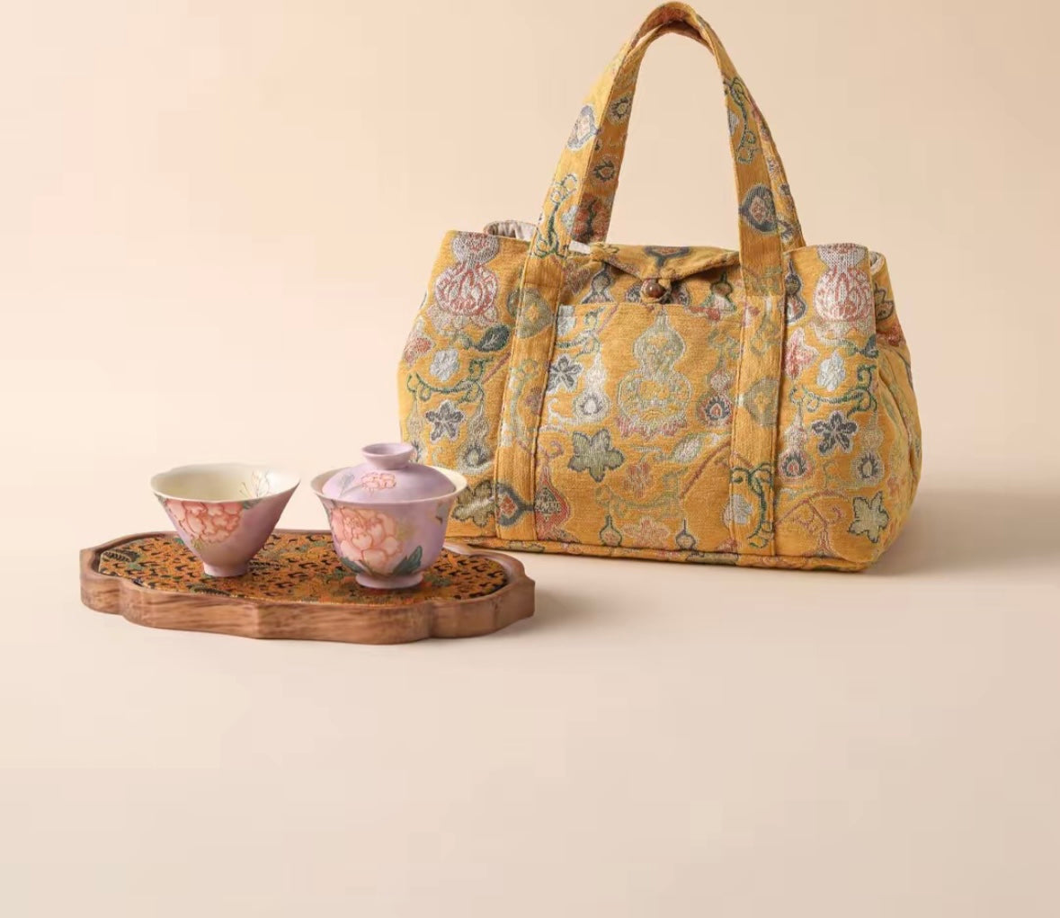 Chinese High-end Traditional Song Brocade Golden Gourd Pattern Tea Bag Travel Cloth Bag Big Capacity Portable Storage Bag