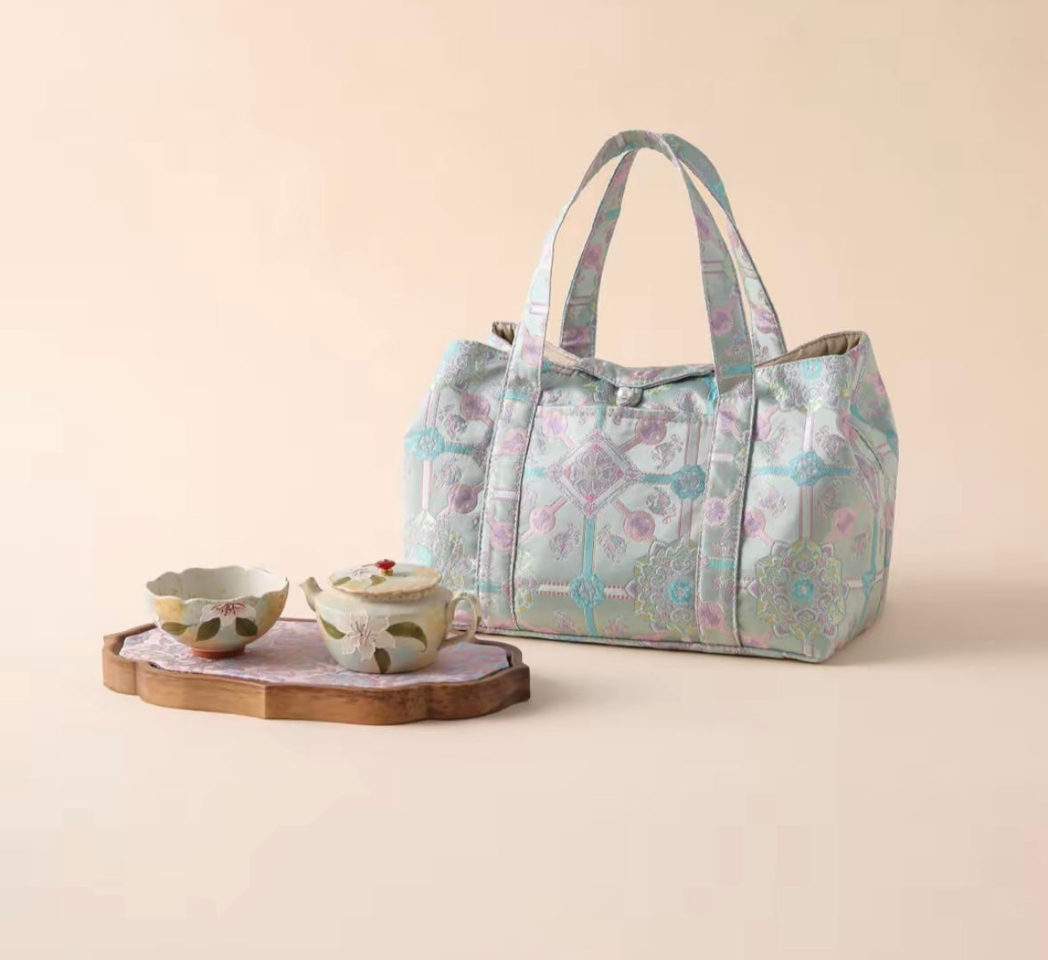 Chinese High-end Traditional Song Brocade Blue Baoxiang Motif Tea Bag Travel Cloth Bag Big Capacity Portable Storage Bag