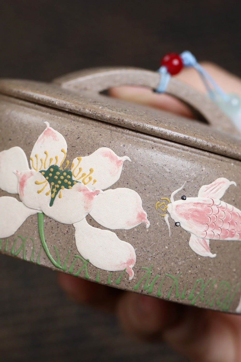 Handcrafted Yixing White Duan Clay Hanwa Shape Chinese Yixing Zisha Teapot Hand Painted Fish Lotus Motif Pot Artwork