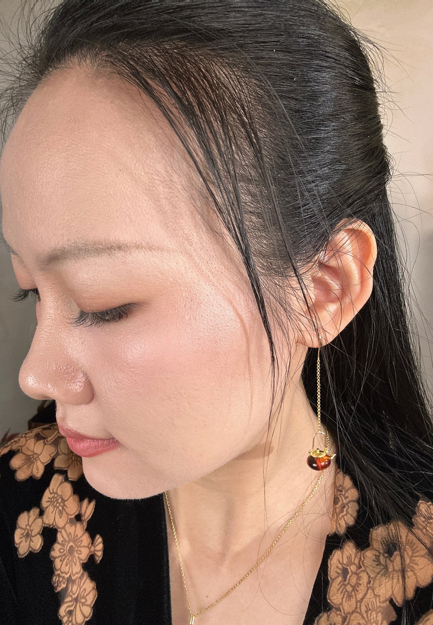 S925 Sterling Silver Original Design Handmade Teapot Shape Amber Earrings
