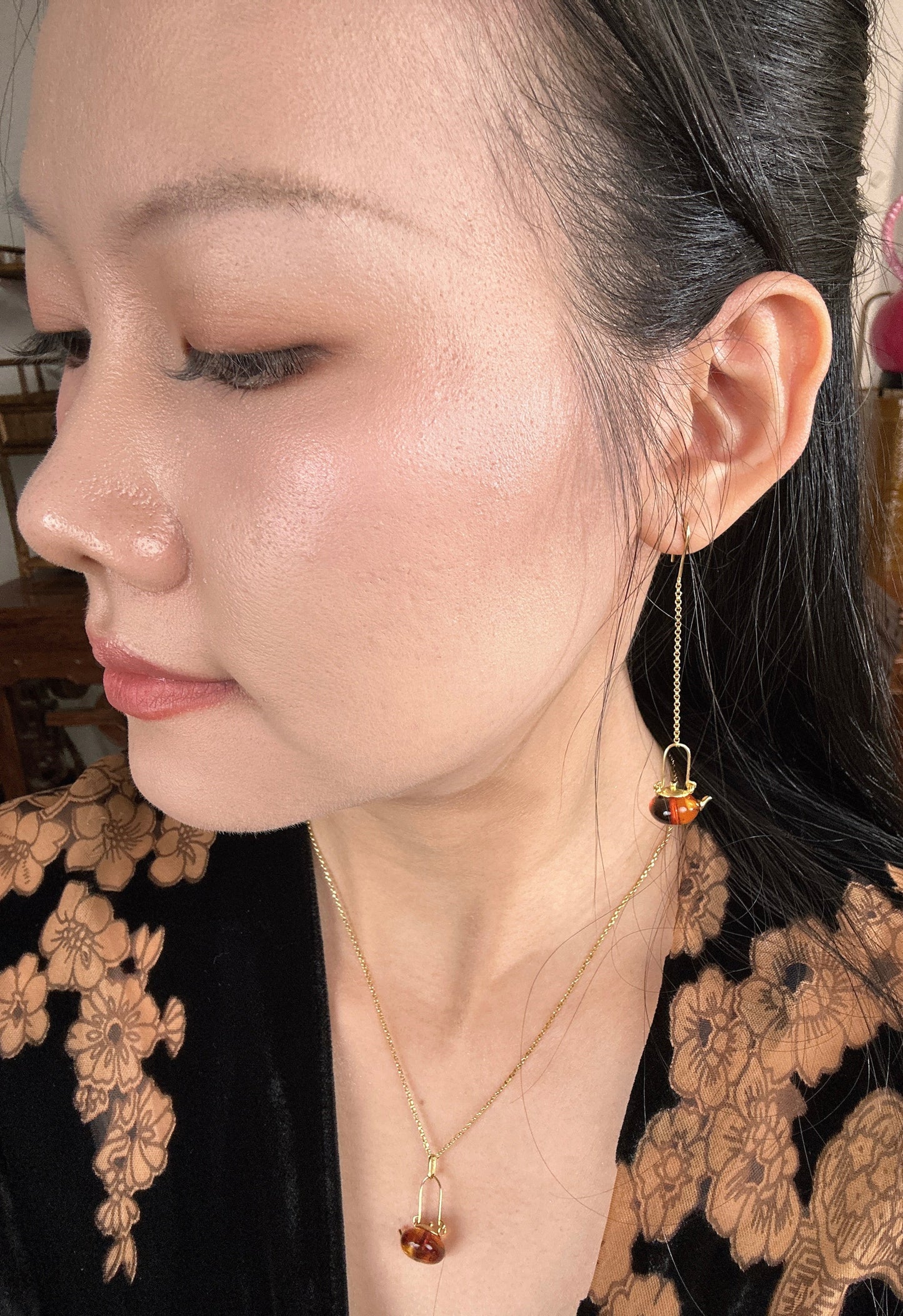 S925 Sterling Silver Original Design Handmade Teapot Shape Amber Earrings