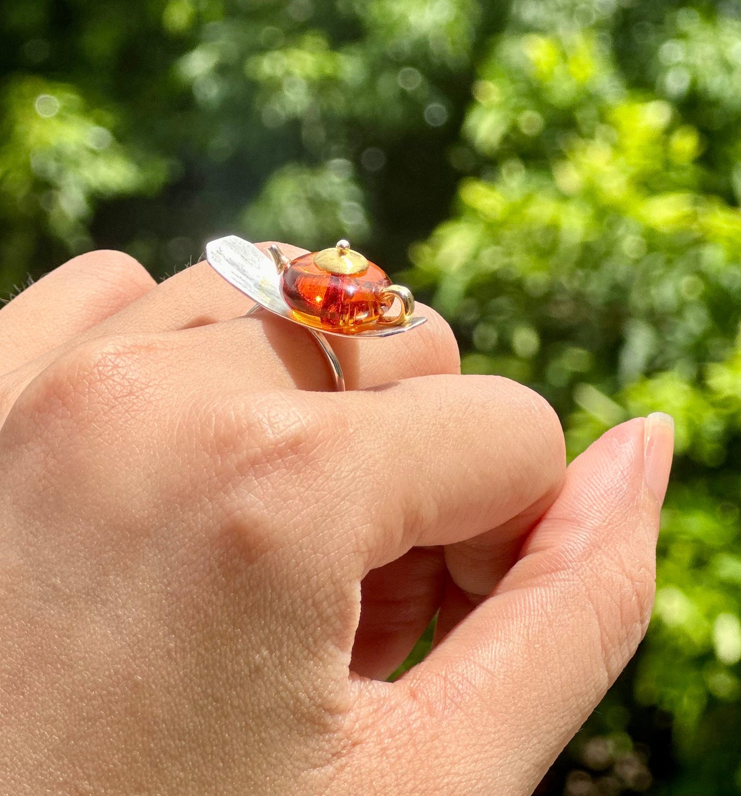 S925 Sterling Silver Original Design Handmade Teapot Shape Amber Ring