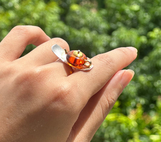 S925 Sterling Silver Original Design Handmade Teapot Shape Amber Ring