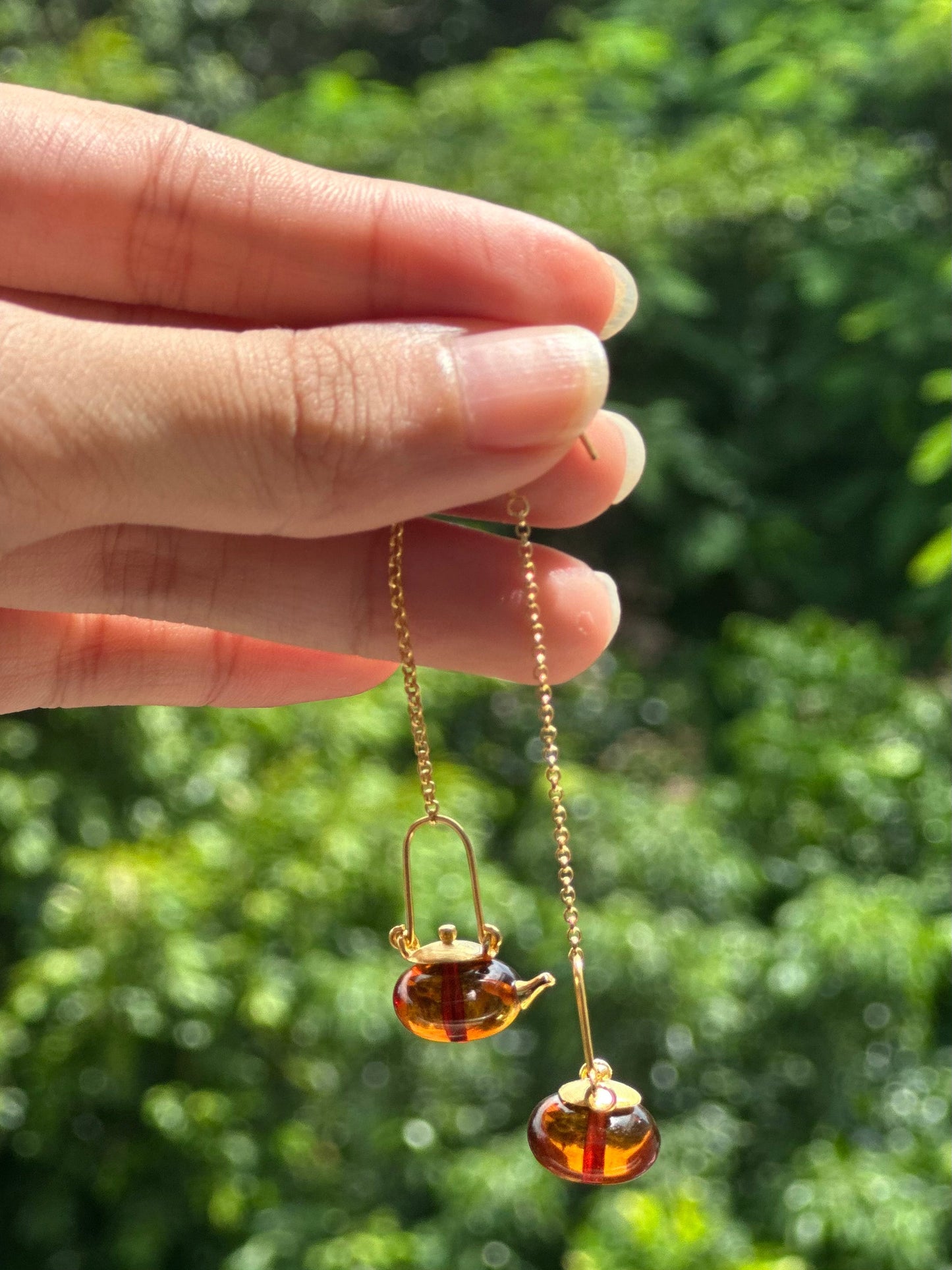 S925 Sterling Silver Original Design Handmade Teapot Shape Amber Earrings