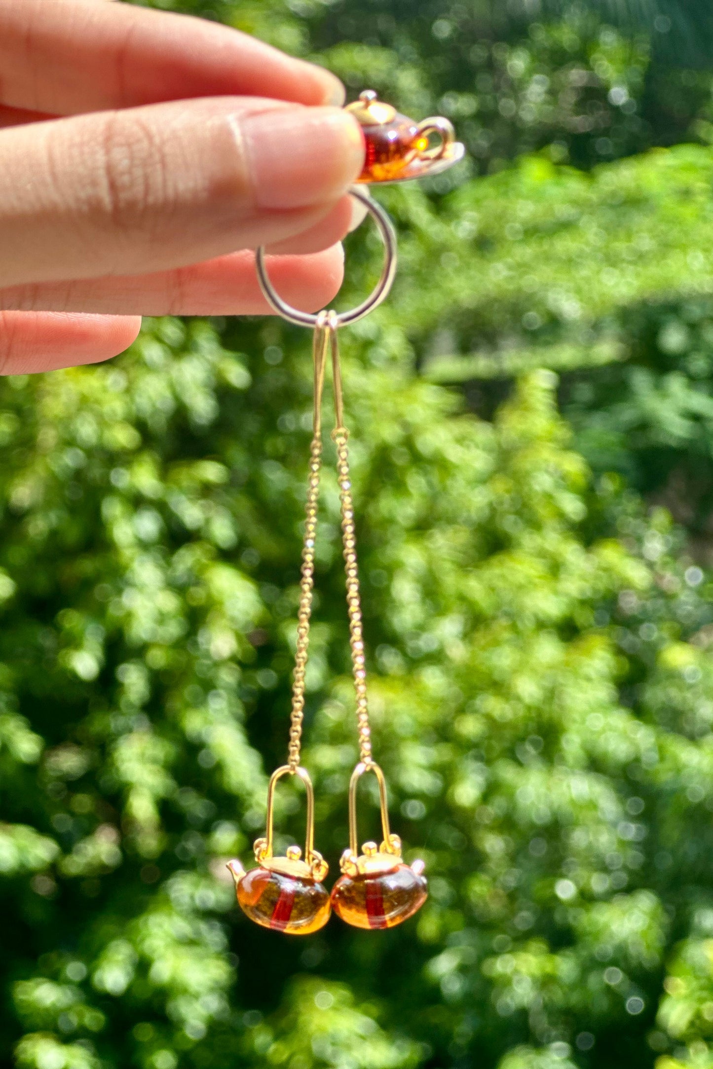 S925 Sterling Silver Original Design Handmade Teapot Shape Amber Earrings