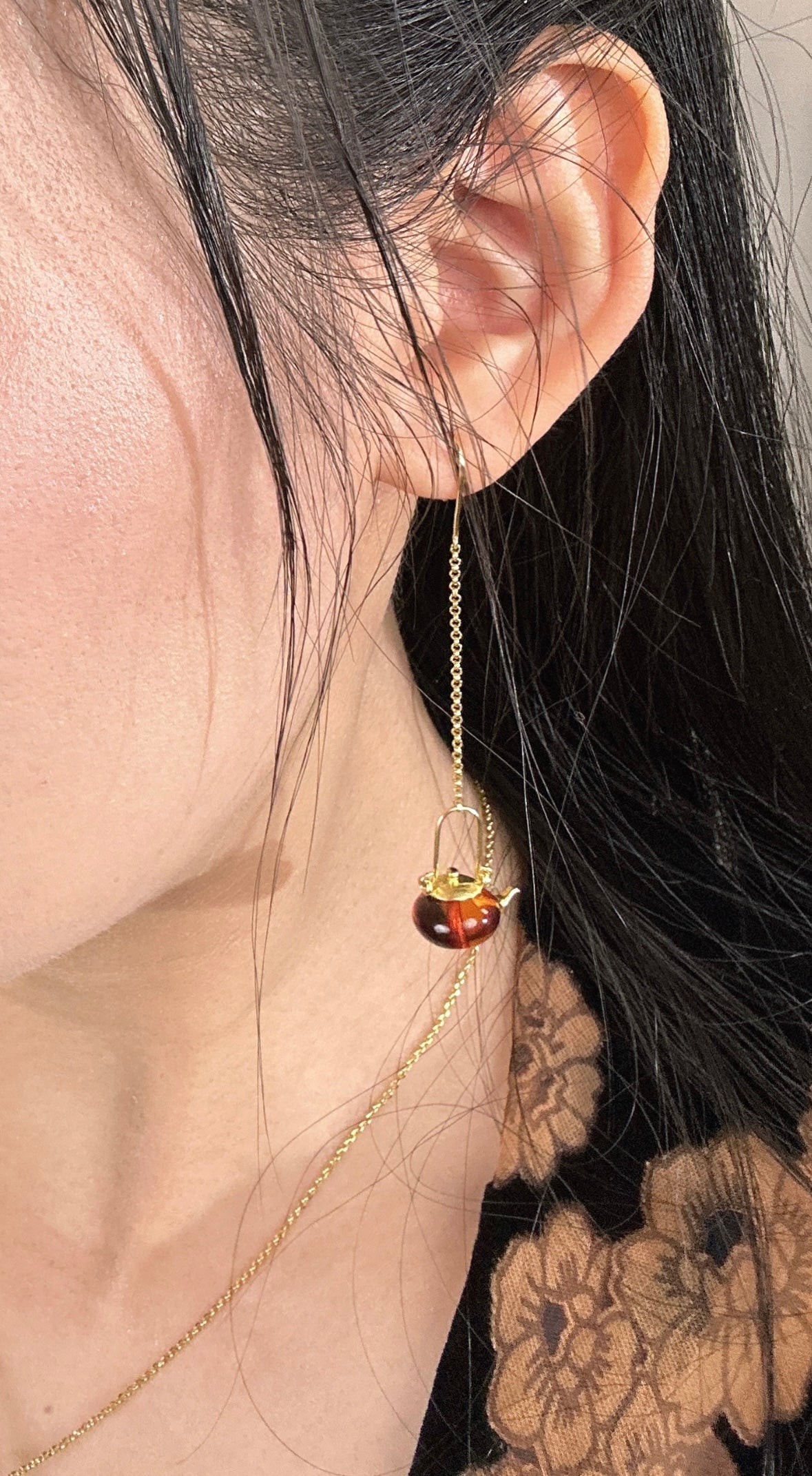 S925 Sterling Silver Original Design Handmade Teapot Shape Amber Earrings