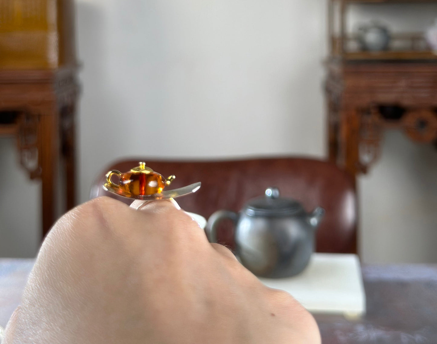 S925 Sterling Silver Original Design Handmade Teapot Shape Amber Pendant