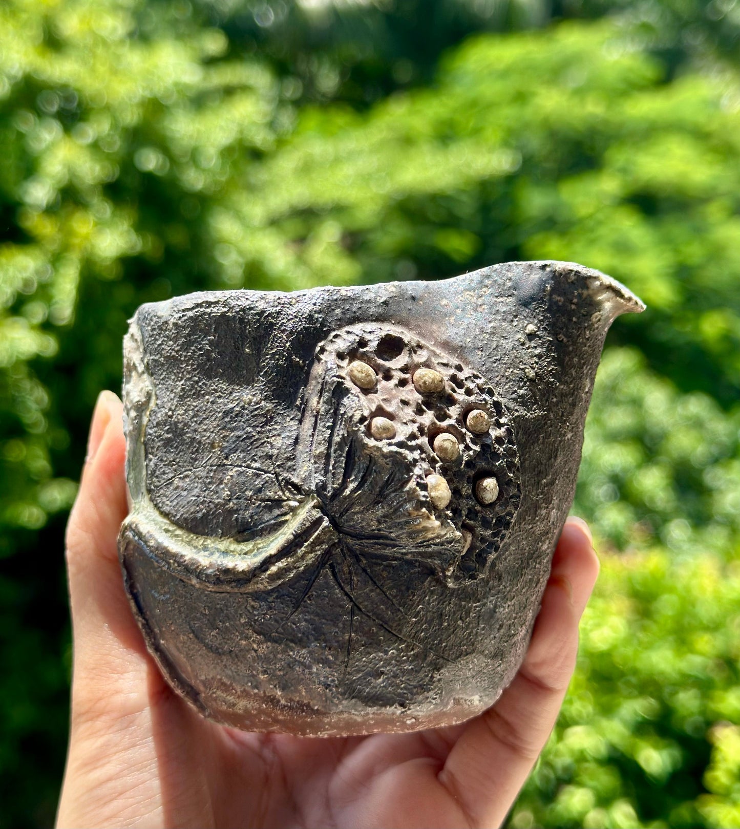 Woodfired Handmade Crude Pottery Fair Cup Handengraved Lotus Seed Motif Chinese Master Pottery Gongdaobei