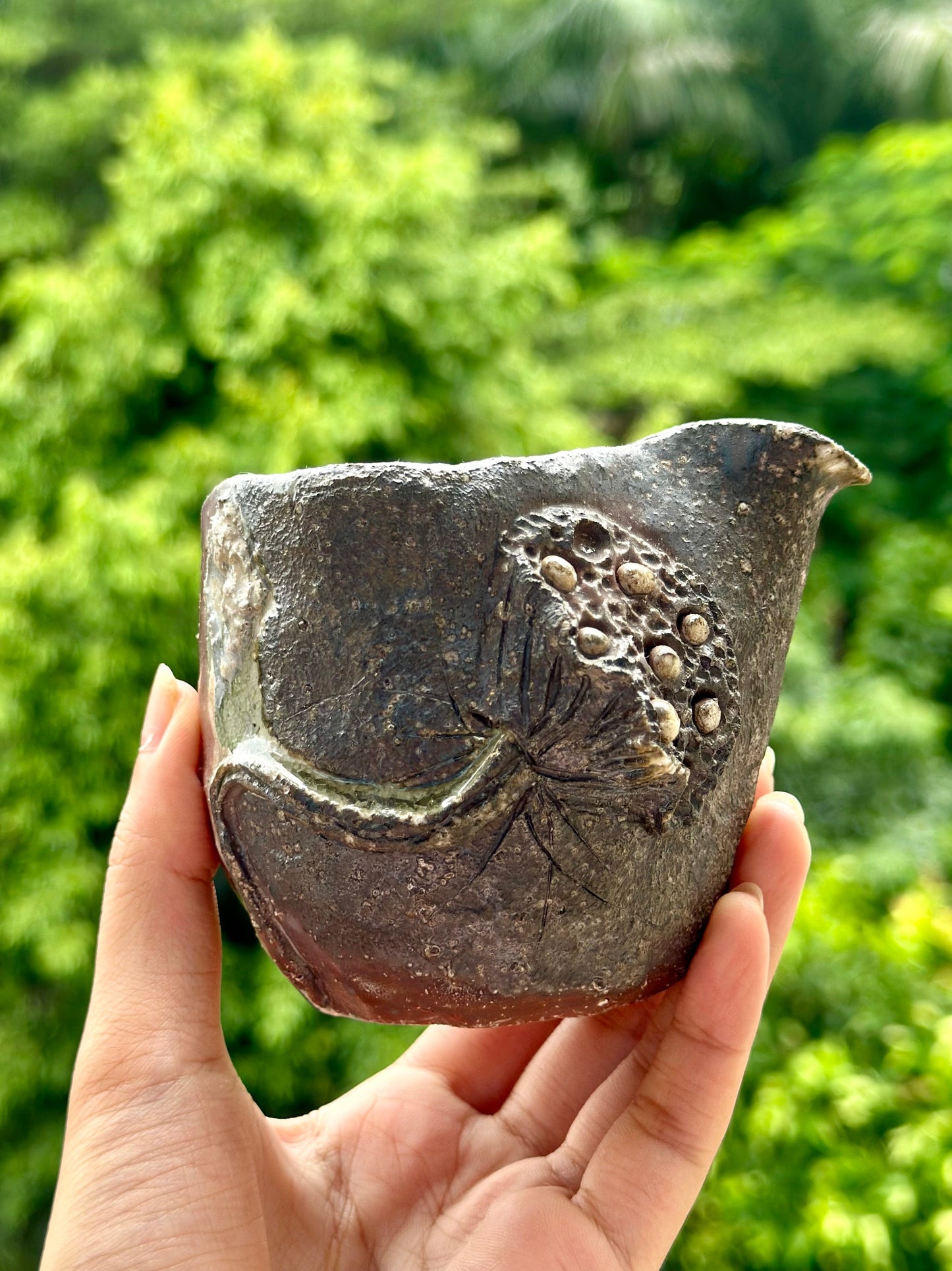 Woodfired Handmade Crude Pottery Fair Cup Handengraved Lotus Seed Motif Chinese Master Pottery Gongdaobei