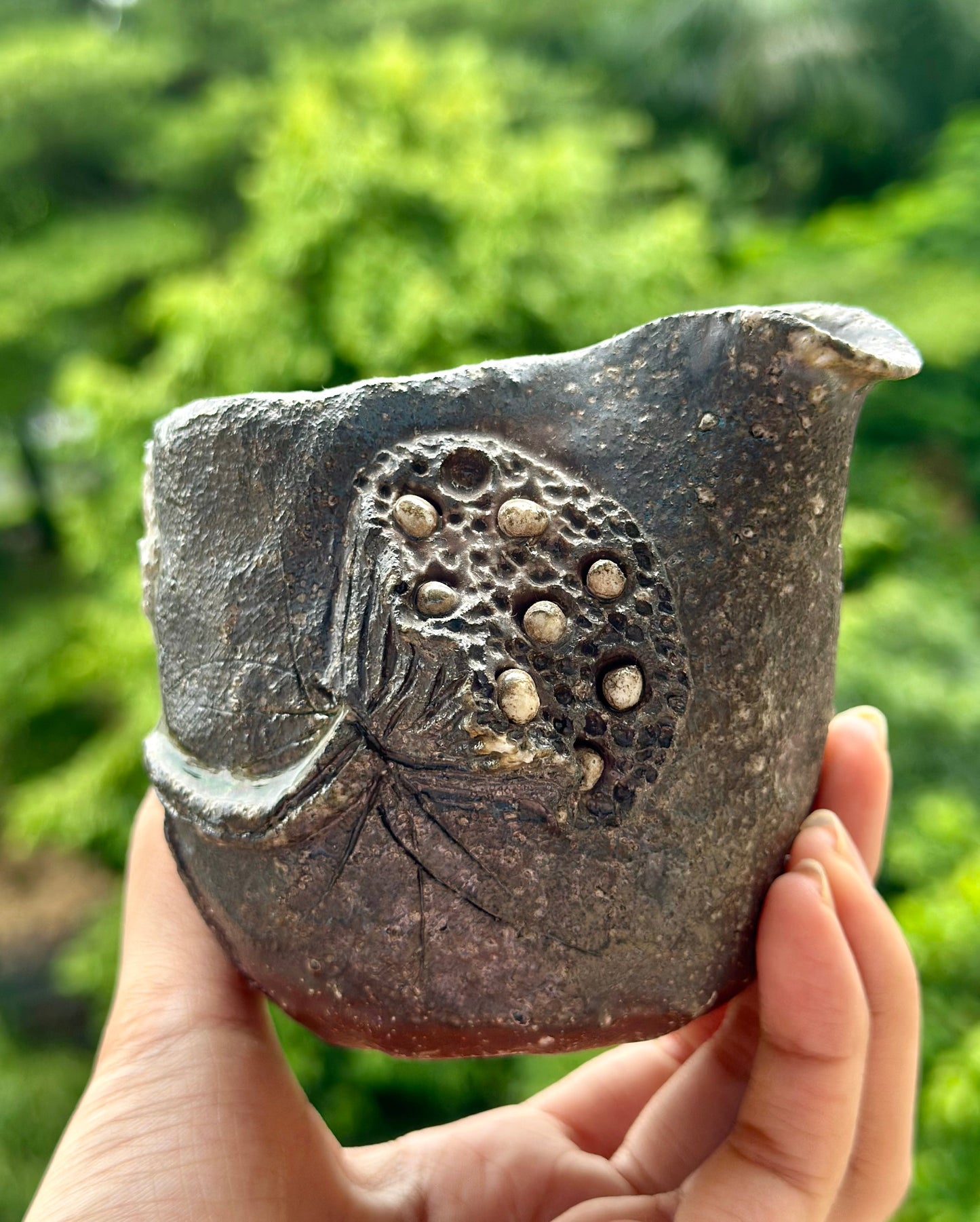 Woodfired Handmade Crude Pottery Fair Cup Handengraved Lotus Seed Motif Chinese Master Pottery Gongdaobei