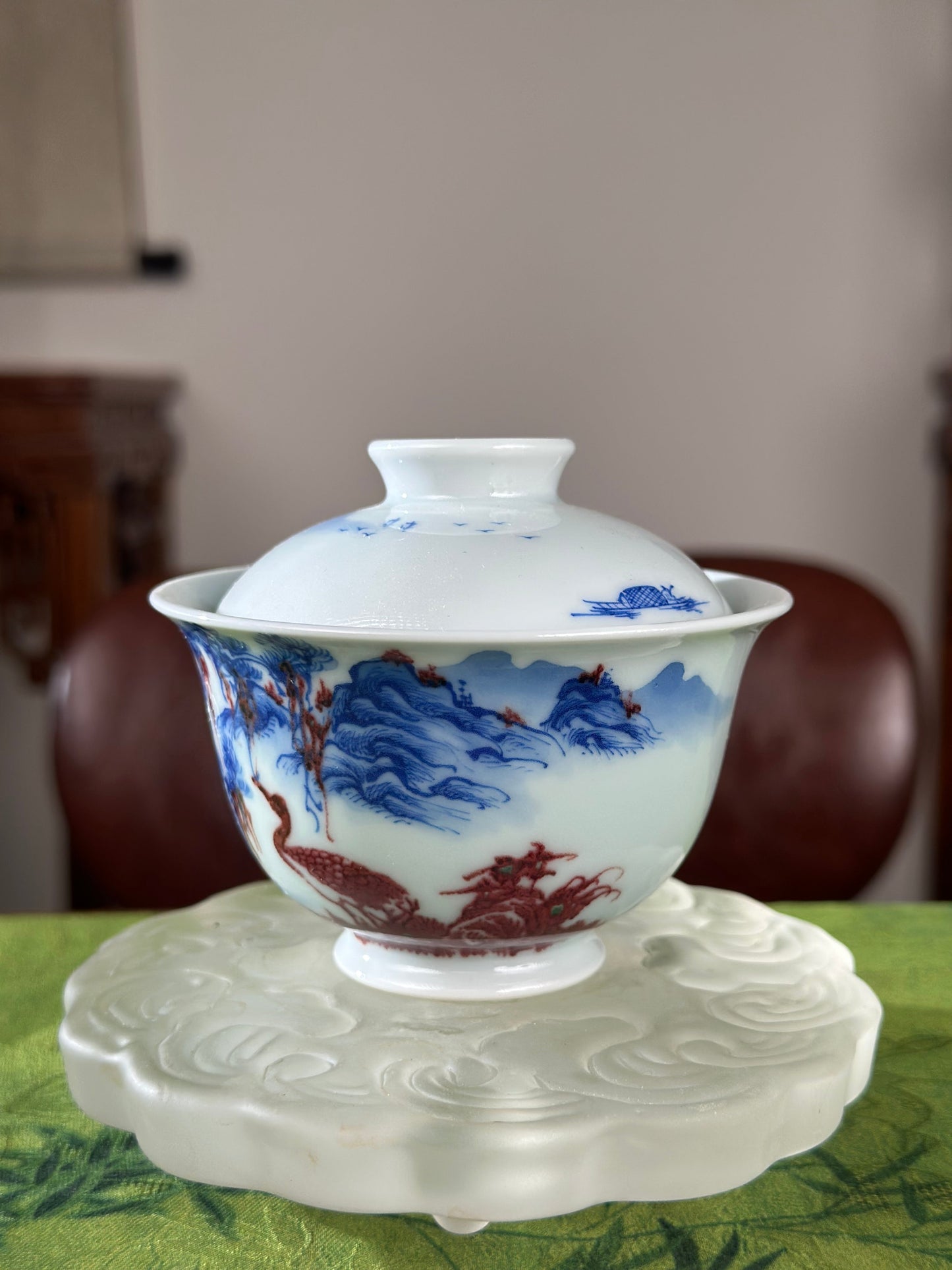 Hand Painted Chinese Landscape Blue and White Porcelain Underglaze Red Porecelain Teacup Jingdezhen Master Ceramic Artwork
