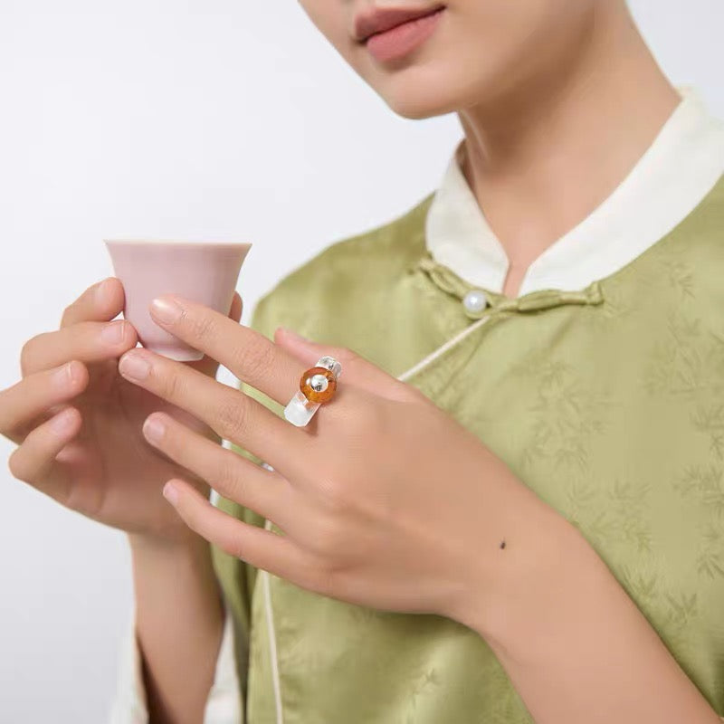 S925 Sterling Silver Original Design Handmade Teapot Shape Amber Ring