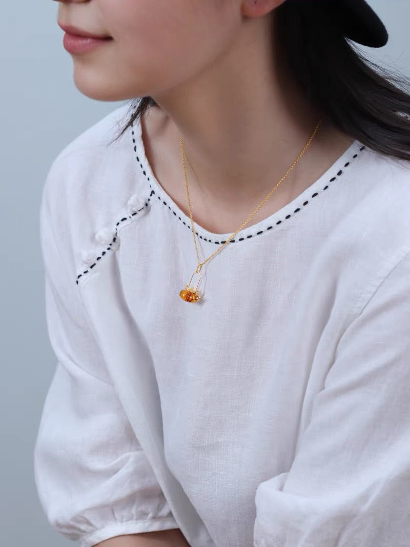 S925 Sterling Silver Original Design Handmade Teapot Shape Amber Pendant