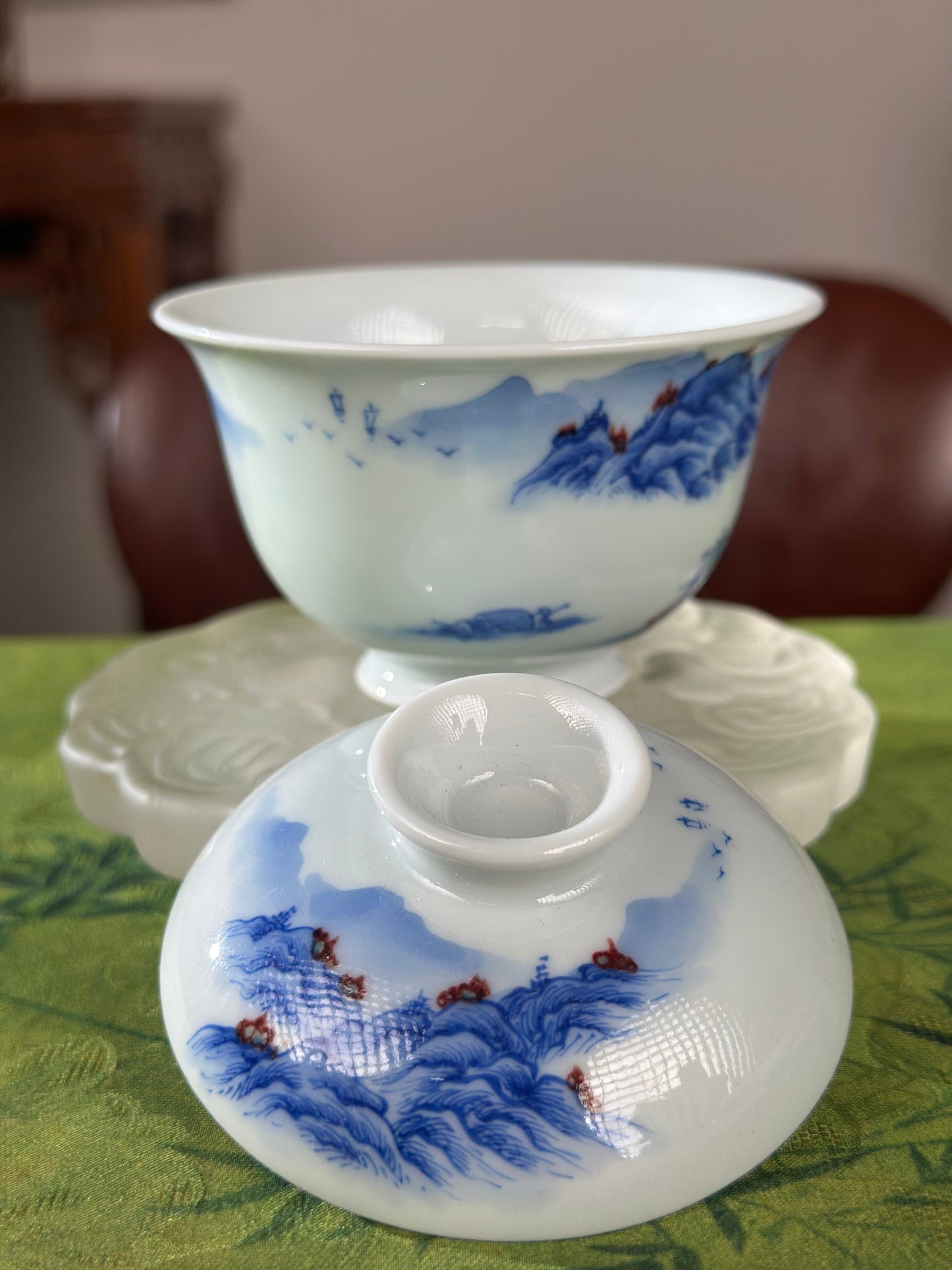 Hand Painted Chinese Landscape Blue and White Porcelain Underglaze Red Porecelain Teacup Jingdezhen Master Ceramic Artwork