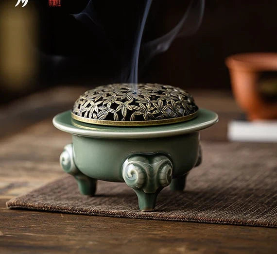 Yue Kiln Plum Celadon Incense Burner with Copper Cover Home Indoor Song Dynasty Style