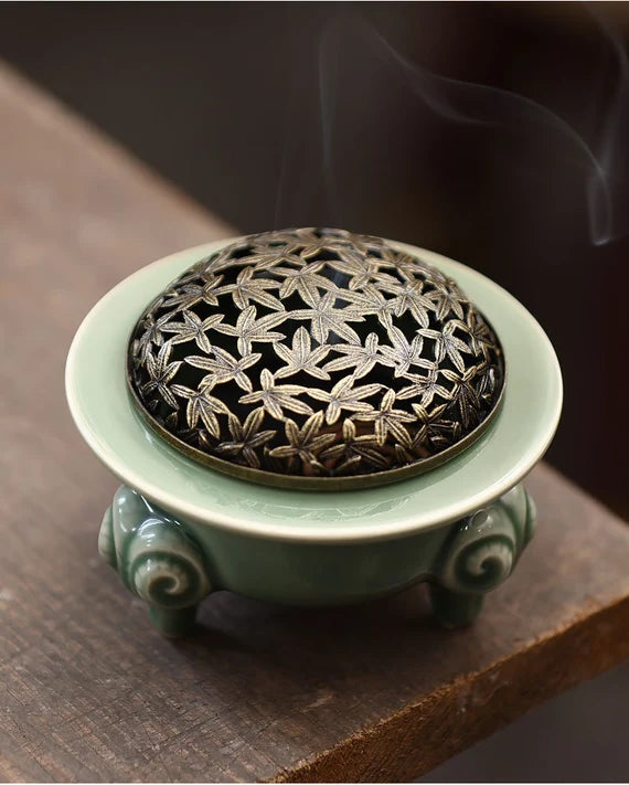 Yue Kiln Plum Celadon Incense Burner with Copper Cover Home Indoor Song Dynasty Style